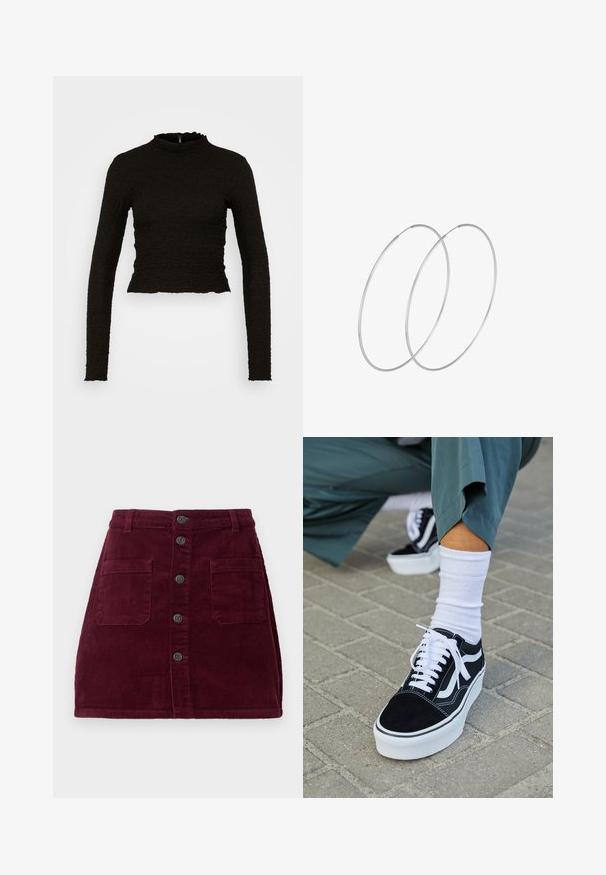ONLY ONLLUCA STRUCTURED - Langarmshirt - black; Burgunderrote Cord-Rock mit hoher Taille, fünf vorderen Knöpfen und zwei vorderen Taschen; strukturierter Stoff mit vertikalen Rippungen.; Schwarze Wildledersneaker mit weißen Akzenten und Schnürsenkeln, ausgestattet mit einer dicken weißen Sohle und kontrastierenden Nähten, kombiniert mit einer weißen Socke.; Silberne Creolen mit minimalistischem Design. Rundform, glatte Oberfläche und dünnes Profil. Leichtgewichtig mit hochglänzender Oberfläche.