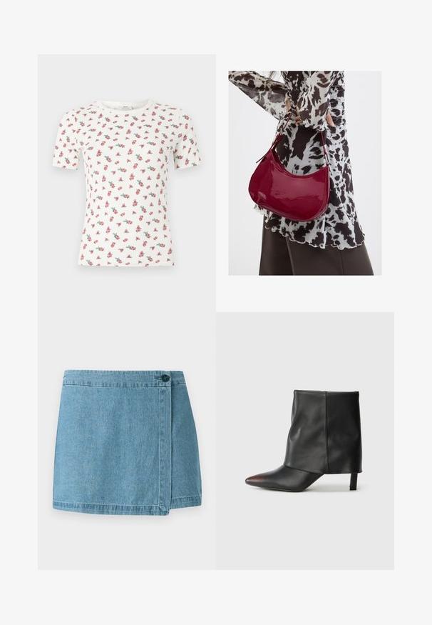 Hvid, ribbet T-shirt med korte ærmer, lille pink og grøn blomstermønster og rund halsudskæring.; Denim nederdel i lyseblå, med et omslag-design, en enkelt knaplukning og en syet kant. Glat tekstur uden mønstre.; Sort ankelstøvle lavet af glat læder med spids tå og tilspidset hæl. Overdelen har et let rynket design.; Kvinde iført en sort- og hvidmønstret bluse, der holder en blank rød skuldertaske mod en ensfarvet baggrund.