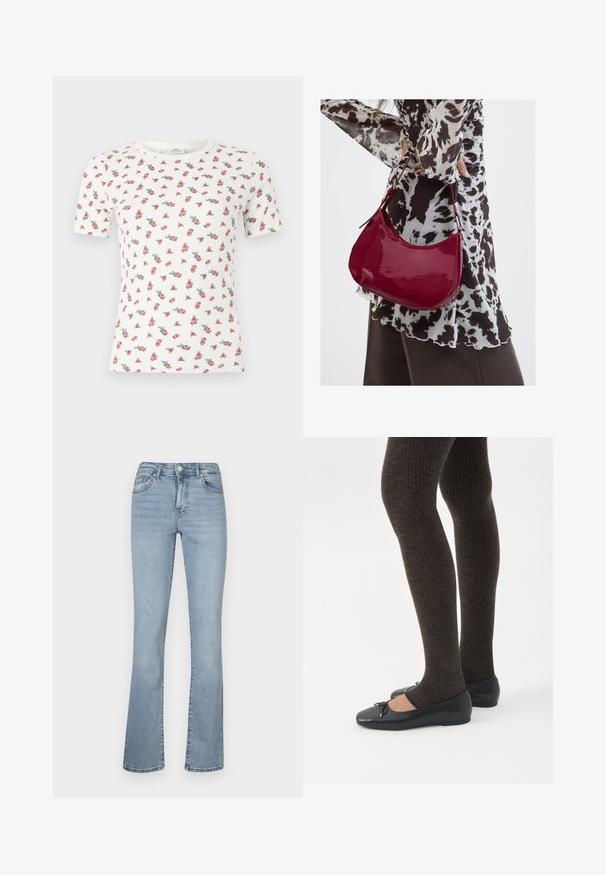 T-shirt blanc à manches courtes en tissu côtelé avec un petit motif floral rose et vert, col rond.; Jeans en denim bleu clair évasés avec une taille haute, dotés d'une fermeture éclair et de boutons, de cinq poches et d'un léger décoloration le long des jambes.; Jambes portant des leggings côtelés foncés associés à des ballerines noires avec de petits détails en nœud sur fond blanc.; Femme portant un chemisier à motif noir et blanc tenant un sac à main rouge brillant sur un fond uni.