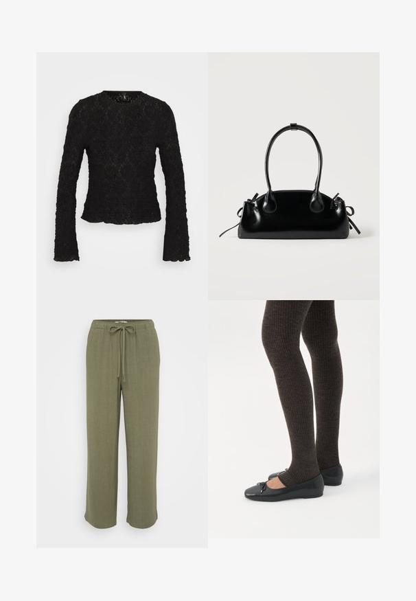 Haut à manches longues noir en dentelle texturée. Il présente un col rond et des bords festonnés. Motif floral complexe sur l'ensemble.; ONLY Petite ONLSIESTA PULL UP - Pantalon classique - deep lichen green; Jambes portant des leggings côtelés foncés associés à des ballerines noires avec de petits détails en nœud sur fond blanc.; Petit sac à main noir brillant avec deux longues anses et des détails à cordon sur les côtés sur un fond clair uni.