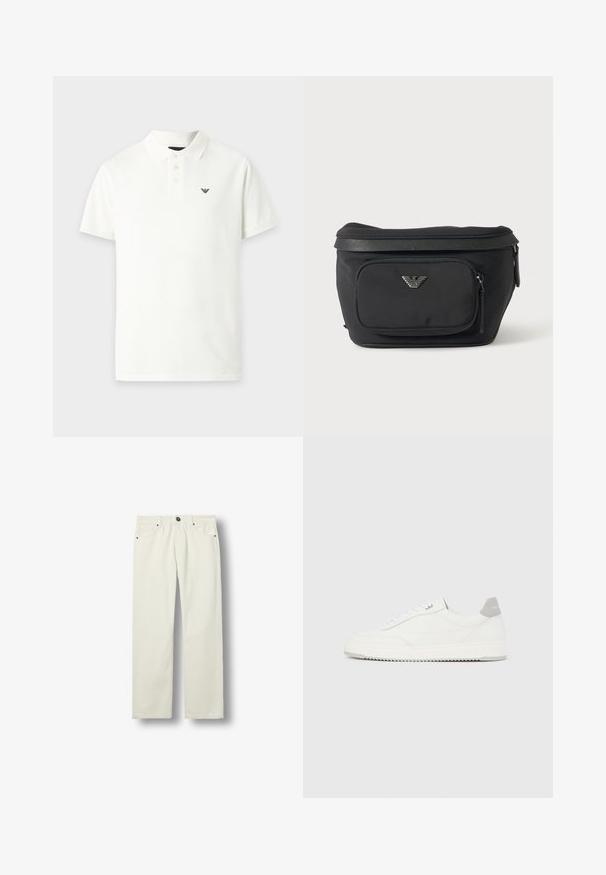 Polo blanc à manches courtes avec trois boutons et un petit logo noir sur le côté gauche de la poitrine.; Jean droit écru avec poches avant, passants de ceinture, fermeture par bouton et détails en rivets métalliques, présenté sur fond blanc.; Baskets basses blanches avec un onglet de talon gris, des lacets blancs et une semelle texturée, présentées sur un fond uni clair.; Sac banane noir avec poche avant zippée et logo aigle argenté, tissu lisse avec bordure texturée et tirettes de fermeture éclair.