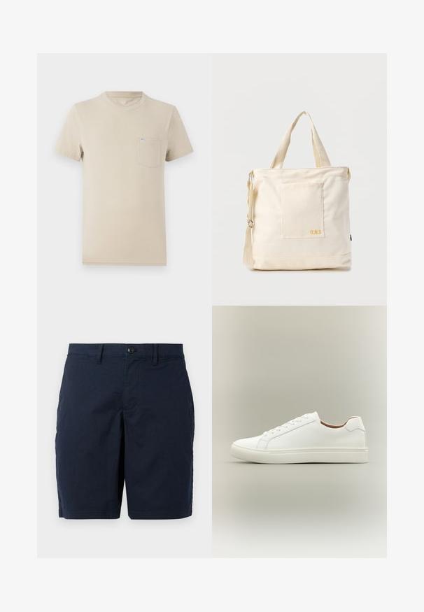 Beige kortærmet t-shirt lavet af bomuld, med rund hals og en venstre brystlomme med et lille logo-mærke. Glat tekstur, afslappet design.; Marineblå shorts lavet af letvægtsstof. Har en knaplukning, flad front og to sidelommer. Klassisk, lige pasform.; Hvid lavt snøresko med snørelukning og flad sål, vist fra siden på en neutral baggrund.; Kremfarvet lærredstote-taske med frontlomme, to håndtag, justerbar skulderrem og lille gul "O.N.S" tekst i nederste højre hjørne af lommen.