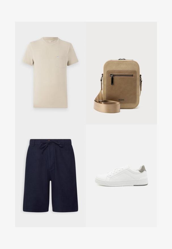 Beige kortærmet t-shirt lavet af bomuld, med rund hals og en venstre brystlomme med et lille logo-mærke. Glat tekstur, afslappet design.; Marineblå shorts lavet af et let materiale, med elastisk talje, knaplukning og sidelommer. Glat tekstur og skræddersyet pasform.; Hvid sneaker lavet af glat læder, rund tå, minimalistisk design, grå hælafsats og tekstureret gummisål.; Lille beige crossbody-taske med lynlåslomme foran, metal ALDO-logo, justerbar bred rem og rundet rektangulær form på hvid baggrund.