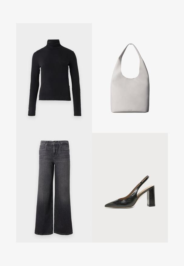 Sort langærmet turtle-neck top lavet af et blødt, strækbart stof. Har høj krave og tætsiddende silhuet uden pynt.; Bredde ben mørkegrå denimjeans med en subtil falmning, der har knaplukning, fem lommer og en lige kant ved anklen.; Sort læder peep-toe slingback sko med høj blokhæl og beige indvendig foring mod en ensfarvet lys baggrund.; Hvid lædertaske med ét skulderrem, blød tekstur og diskret Calvin Klein-logo nær bunden i midten.