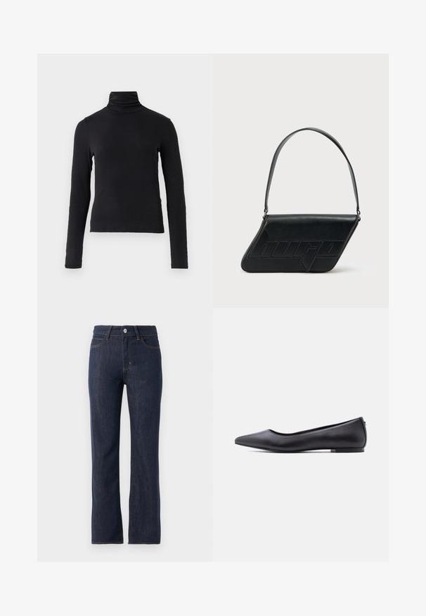 Sort langærmet turtle-neck top lavet af et blødt, strækbart stof. Har høj krave og tætsiddende silhuet uden pynt.; Mørkeblå denimjeans med lige ben-design, der har en knaplukning, fem lommer og kontrasterende orange syninger.; Sort flad lædersko med spidst tåparti og lav hæl, vist i sideprofil mod en hvid baggrund.; Sort skuldertaske i læder med trekantet form, præget logo og en enkelt justerbar rem. Minimalistisk design med glat tekstur.
