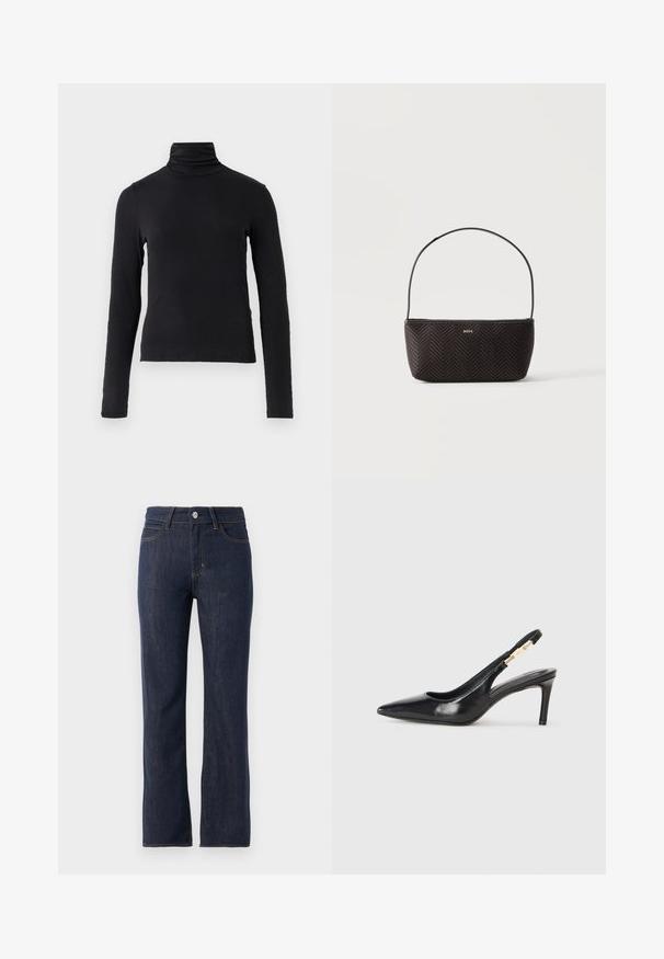 Sort langærmet turtle-neck top lavet af et blødt, strækbart stof. Har høj krave og tætsiddende silhuet uden pynt.; Mørkeblå denimjeans med lige ben-design, der har en knaplukning, fem lommer og kontrasterende orange syninger.; Sort læder slingback højhælede sko med spidse tæer, glat overflade og en smal ankelrem med guldfarvede hardware detaljer.; Sort vævet tekstureret håndtaske med enkelt skulderrem og lille guld "BOSS" logo foran i midten.
