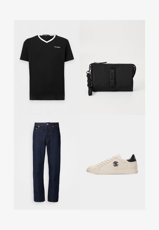 Sort kortærmet V-hals T-shirt med hvid kant på kraven og lille hvid "KARL LAGERFELD"-logo på venstre bryst.; Mørkeblå denimjeans med lige ben, der har fem lommer, knaplukning og diskrete syninger.; Lav top cremefarvet sneaker med sort hælkappe, cremefarvede snørebånd og sort broderet logo på siden, flad sål, minimalistisk design.; Sort nylon clutch taske med et tekstureret logo-patch, en lynlås lukning og en justerbar rem. Kompakt rektangulær form.