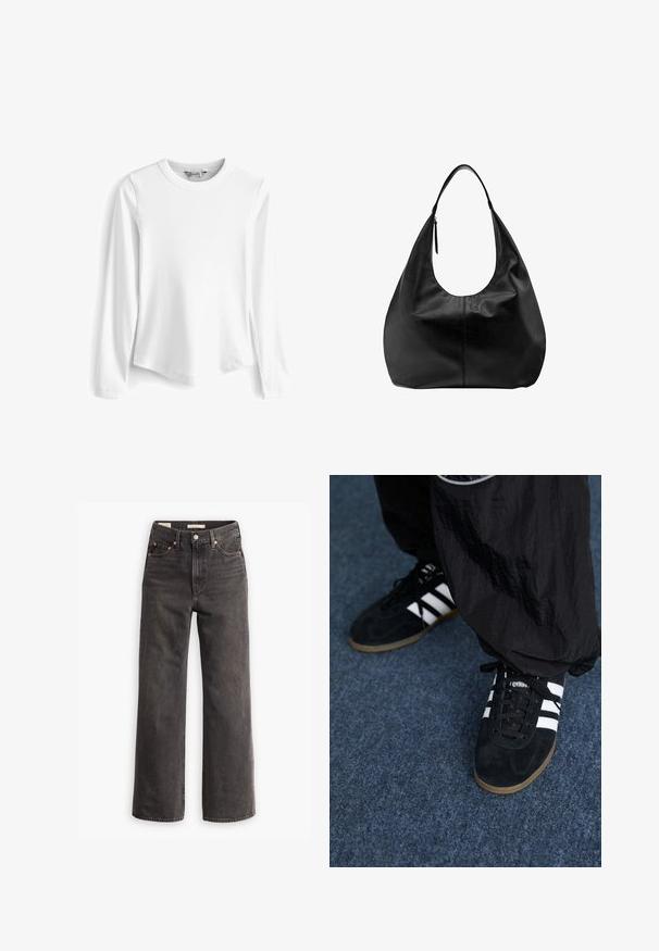 Hvid langærmet ribbet T-shirt med rund halsudskæring. Har en afslappet pasform og glat tekstur, hvilket gør den til et alsidigt og åndbart valg.; Højtaljede, vide jeans i mørkegrå denim, med forlommer, kontrastfarvede kobbernitter og en ren finish uden pynt.; Sorte suedetrainingssko med tre hvide striber og sorte snørebånd. Et tekstureret sort bukser er delvist synligt ved siden af skoene.; Sort læder slouchy hobo-håndtaske med en enkelt bred rem og en lynlåsdetalje på en ensfarvet hvid baggrund.