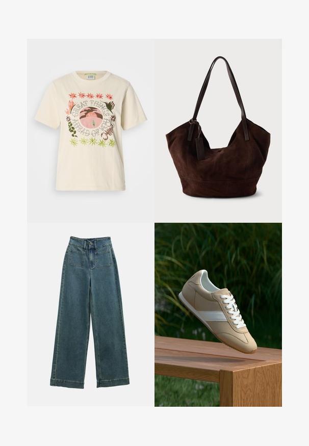Camiseta de algodón color crema con gráficos vibrantes bordados que incluyen texto y motivos tropicales en tonos de verde, rosa y naranja.; Pantalones de mezclilla de pierna ancha en azul desteñido, con una cintura alta, dos bolsillos frontales y un cierre clásico de botón. La tela tiene una textura suave y lisa.; Zapatilla deportiva beige con acabado suave de ante, cordones blancos y una franja blanca de contraste. Diseño minimalista con puntera redondeada y suela texturizada.; Bolso de ante marrón con una forma suave y caída. Presenta asas de cuero y un acento de etiqueta. Textura lisa con costuras curvas.