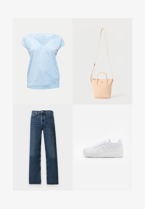 Hellblaue Bluse mit kurzen Ärmeln, V-Ausschnitt und strukturiertem gepunktetem Stoffmuster, hinten etwas länger geschnitten.; Dunkelblaue Jeans mit weitem Bein aus Denim-Stoff. Verfügt über fünf Taschen, einen Knopfverschluss und sichtbare Nähte entlang der Nähte.; Weiße Plattform-Sneaker aus glattem Leder mit perforierten Details und flachen Schnürsenkeln; ausgestattet mit einer dicken weißen Gummisohle.; Beige kleine Handtasche mit zwei kurzen Griffen, langem verstellbarem Schulterriemen und Krokodil-Logo auf der Vorderseite.