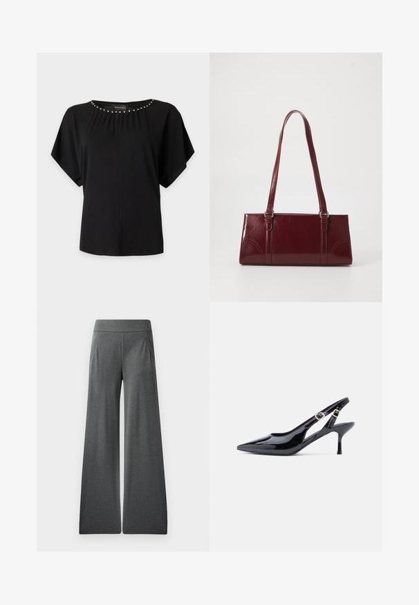 Zwarte korte mouwen blouse met zilveren kralen details langs de ronde halslijn en een losse pasvorm.; Grijze wijde broek met een platte tailleband, plooien aan de voorkant en een zachte textuur, ontworpen voor comfort en bewegingsvrijheid.; Zwart laklederen slingback-schoen met een puntige neus, verstelbare gesp en een slanke, hoge hak. Voorzien van een open zijkant ontwerp.; Bourgondische handtas van glanzend materiaal, rechthoekige vorm, met twee schouderbanden en subtiele gebogen accenten aan de voorkant.