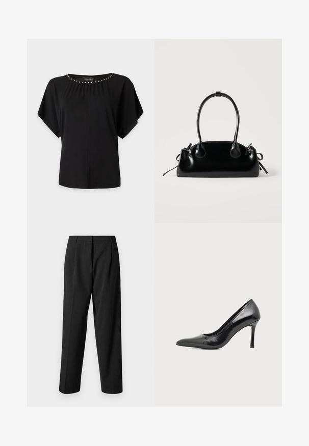 Blouse noire à manches courtes avec des détails en perles argentées le long de l'encolure ronde et une coupe ample.; Pantalons noirs ajustés à coupe droite, avec un tissu texturé, des plis sur le devant et une ceinture lisse.; Chaussure à talon haut pour femme en cuir verni noir avec bout pointu et talon fin sur fond clair uni.; Petit sac à main noir brillant avec deux longues anses et des détails à cordon sur les côtés sur un fond clair uni.