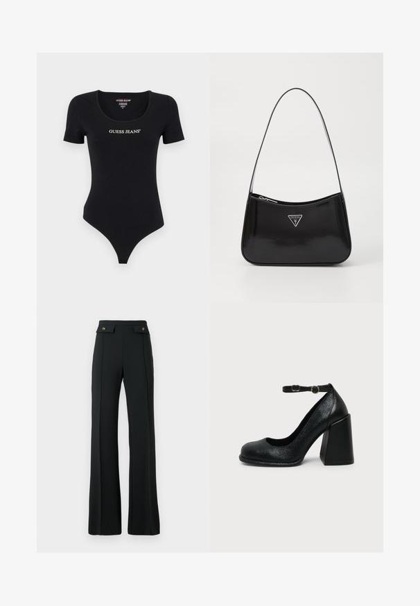 Body corto negro de manga corta con escote redondeado y logotipo "GUESS JEANS" en blanco. Fabricado con material suave y elástico, presenta una silueta ajustada.; Pantalones de tiro alto de campana negros con detalles de costura frontal y dos bolsillos con tapeta y botones dorados en la cintura.; Zapato negro de cuero con tacón alto, punta redondeada y correa ajustable en el tobillo con hebilla dorada sobre fondo liso claro.; Bolso de hombro de charol negro con forma curva, que presenta un logotipo triangular plateado y un cierre de cremallera. Textura suave y correa delgada.
