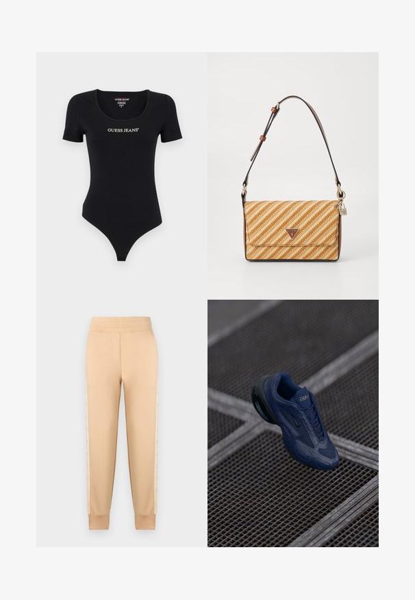 Body corto negro de manga corta con escote redondeado y logotipo "GUESS JEANS" en blanco. Fabricado con material suave y elástico, presenta una silueta ajustada.; Pantalones de chándal beige con una textura suave, que presentan un diseño tapered, cintura elástica y paneles laterales estampados.; Zapatillas de deporte navy con parte superior sintética texturizada, acentos negros y suela acolchada. Presenta un diseño con cordones y el logo "AM" en la lengüeta.; Bolso de mano a rayas en tonos marrón con un diseño tejido texturizado, detalles en cuero marrón y una placa con logotipo plateado. Correa ajustable con herrajes metálicos.