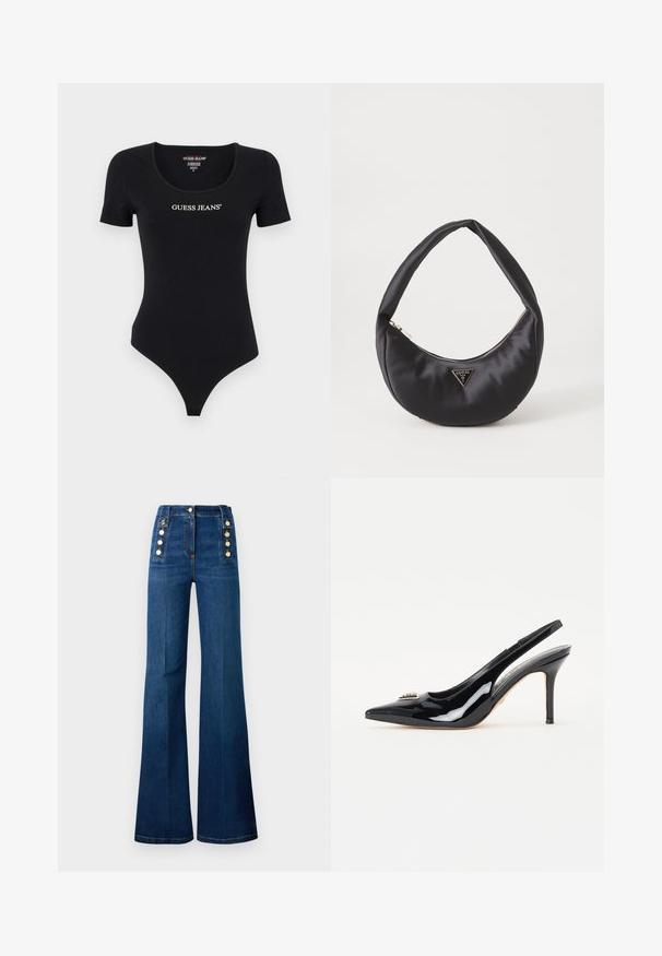 Musthave lühikeste varrukatega bodysuit, millel on ümar kaelus ja valge "GUESS JEANS" logo. Valmistatud pehmest ja venivast materjalist, millel on üleva küljest sobiv siluett.; Tumedate teksased kõrge talje ja laiendatud säärega, millel on kuldsed nööbid külgedel ja sile tekstuur.; Mustad nahkpatent slingback-kõrged kontsad terava varbaga, peenikese stilettokontsaga ja dekoratiivse kaunistusega jalanõu peal.; Must musträk kott, millel on kaarjas kuju, varustatud lukuga ja metallist kolmnurkse logoga ees. Sile tekstuur ja peen disain.