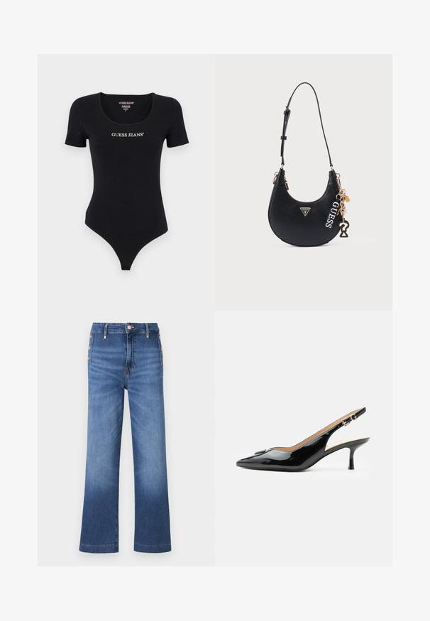 Body noir à manches courtes avec un col rond et le logo "GUESS JEANS" en blanc. Fabriqué à partir d'un matériau doux et extensible avec une silhouette ajustée.; Jean denim bleu à jambes larges avec des détails de boutons sur le côté et une taille haute.; Escarpin slingback en cuir verni noir avec bout pointu, petit talon kitten et bride à boucle argentée sur fond blanc uni.; Sac à bandoulière en cuir noir de forme semi-circulaire, avec un logo, des accessoires en métal doré et des décorations en porte-clés.