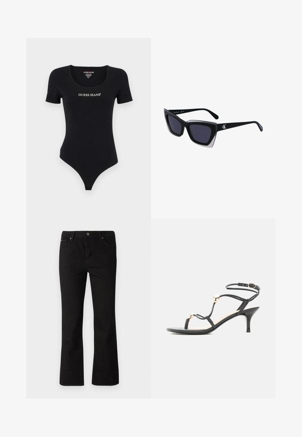 Čierny body s krátkym rukávom, ktorý má okrúhly výstrih a biely nápis "GUESS JEANS". Vyrobené z mäkkého, elastického materiálu s priliehavým strihom.; Čierne rovné džínsy so zapínaním na gombík a zips, pútka na opasok a predné a zadné vrecká na bielom pozadí.; Čierna sandála s remienkami a stredne vysokým opätkom s zlatými ozdobnými korálkami a remienkom na členok so sponou na bielom pozadí.; Čierne oversized slnečné okuliare s geometrickým tvarom, s tmavými šošovkami a kontrastným šedým detailom na ráme. Logo na mostíku.