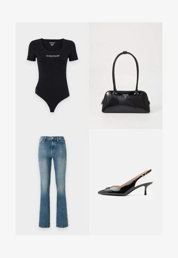 Sort kortærmet bodysuit med scoop halsudskæring og "GUESS JEANS" logo i hvid. Lavet af blødt, strækbart materiale med en tætsiddende silhuet.; Lys blå denim flared jeans med fem lommer, høj talje og sy detaljer. Stoffet viser en let falmet vask og en glat tekstur.; Sort patentlæder slingback hæl med spids tå, lille kitten hæl og sølvspænde på en ensartet hvid baggrund.; Sort glanshandtaske med en buet silhuet, to håndtag og en frontlogo-plakette. Lynlås lukning og skinnende hardware-detaljer.