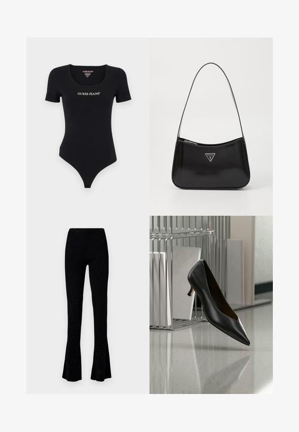 Sort kortærmet bodysuit med scoop halsudskæring og "GUESS JEANS" logo i hvid. Lavet af blødt, strækbart materiale med en tætsiddende silhuet.; Sorte ribbede flared bukser med en tekstureret overflade og små glitrende prikker, designet til en tætsiddende silhuet.; Sort læder sko med spids tå og lav hæl, der svæver over en grå plettet gulv, ved siden af en metal filopsamler med mapper.; Sort patenteret læder skuldertaske med en buet form, prydet med et sølvfarvet trekantet logo og en lynlås-lukning. Glat tekstur og slank rem.