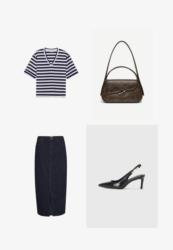 Stribet T-shirt i navy blå og hvid, med V-udskæring, korte ærmer og blødt bommateriale.; Mørk denim maxi-nederdel med en frontslids. Har orange syninger og et klassisk fem-lomme design. Knaplukning i taljen.; Sort læder slingback højhælede sko med spidse tæer, glat overflade og en smal ankelrem med guldfarvede hardware detaljer.; Mørkebrun tekstureret læderhåndtaske med to stropper, afrundet rektangulær form og sølvfarvet cirkulært låsespænde på frontklap.