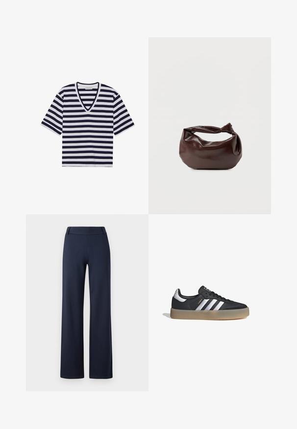 Camiseta de rayas que presenta colores azul marino y blanco, diseño de cuello en V, mangas cortas y material de algodón suave.; Pantalones de pierna ancha en azul marino, fabricados con un material suave y elástico. Cuentan con una cinturilla plana y una textura suave; sin patrones visibles ni herrajes.; Zapatilla deportiva de cuero negro con tres rayas plateadas, punta texturizada y suela de goma. Cuenta con un collar acolchado y un diseño con cordones.; Bolso de hombro de cuero marrón oscuro con una forma suave y caída, y un asa con nudo torcido sobre un fondo blanco liso.