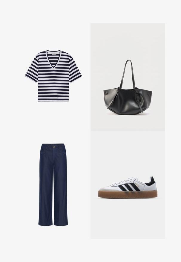 Stribet T-shirt i navy blå og hvid, med V-udskæring, korte ærmer og blødt bommateriale.; ICHI IHFlared - Flared jeans - dark blue; Hvide lædersneakers med sorte striber, gummirubber sål, rund tå, snørelukning og blød grå ruskinds tåhætte.; Sort skuldertaske i læder med to lange remme, en blød rundet form og knapdetaljer på hver side.