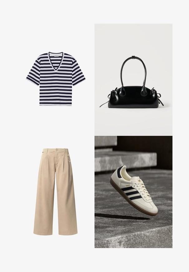 Stribet T-shirt i navy blå og hvid, med V-udskæring, korte ærmer og blødt bommateriale.; Beige brede bukser med to frontfolder, en knaplukning og en glat overflade. Designet til komfort og en løs pasform.; Hvid Adidas Samba sneaker med sorte striber og gummsål, svævende over teksturerede grå betonstrin.; Lille sort blank håndtaske med to lange håndtag og snøre-detaljer i siden på en ensfarvet lys baggrund.