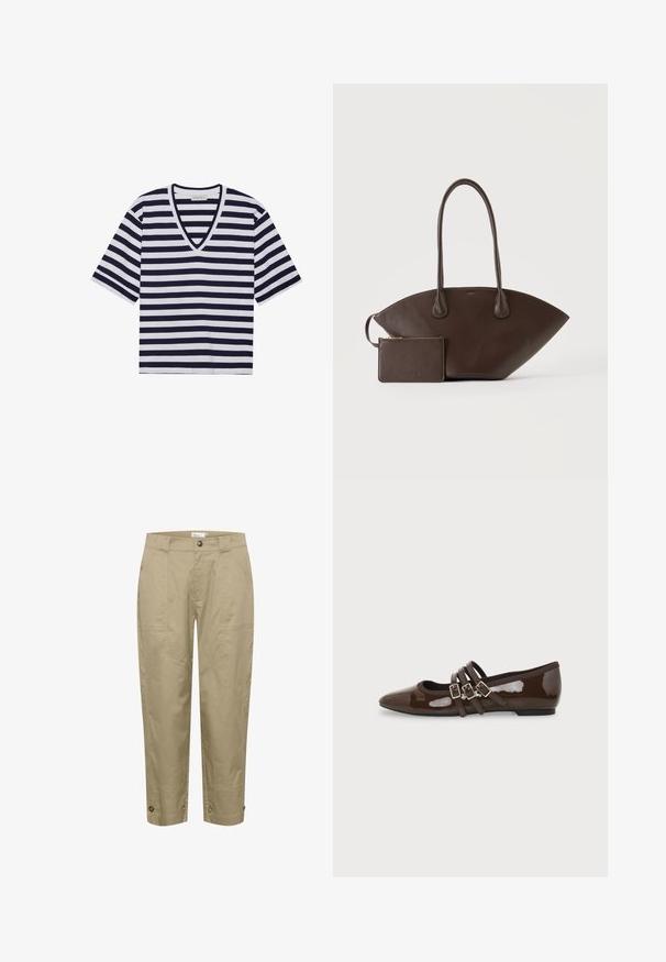Stribet T-shirt i navy blå og hvid, med V-udskæring, korte ærmer og blødt bommateriale.; Beige, lette bukser med lige pasform, der har sidelommer og knapdetaljer i kanten for justerbar pasform og stil.; Brun laklæder flad sko med spids tå og tre justerbare spænder på siden, vist fra ydersiden.; Mørkebrun læderhåndtaske med lange håndtag og matchende lille lynlåspung på en ensartet lys baggrund.