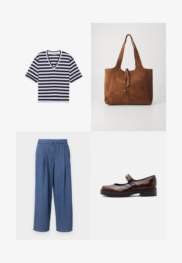 T-shirt rayé aux couleurs bleu marine et blanc, design en V, manches courtes et en coton doux.; Pantalon large en denim bleu avec une coupe décontractée, doté d'une taille sans bouton, de plis sur le devant et de deux poches latérales.; Chaussure Mary Jane marron foncé avec finition brillante, bout arrondi, petit talon bloc et bride avec boucle dorée sur le cou-de-pied.; Sac fourre-tout en daim marron avec deux longues poignées, fermeture à cordon et texture lisse. Présente un design simple et des accents minimaux.