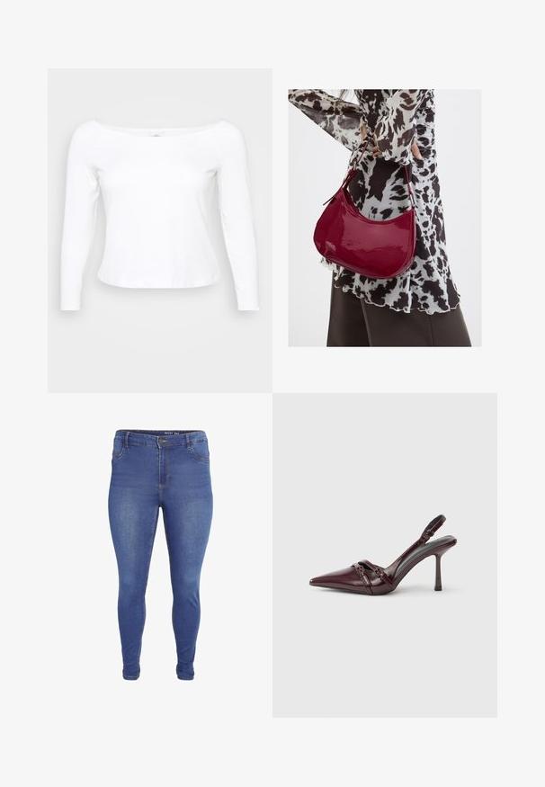 Hvid langærmet skjorte med bred halsudskæring, lavet af blødt og glat materiale. Har et tætsiddende design og en cropped kant.; Blå skinny jeans med forlommer, bæltestropper, knaplukning og let falmet effekt på lår og knæ.; Bourgogne laklæder slingback-hæl med spids tå, tynd ankelrem og lille dekorativ spænde. Glat tekstur og høj hæl.; Kvinde iført en sort- og hvidmønstret bluse, der holder en blank rød skuldertaske mod en ensfarvet baggrund.