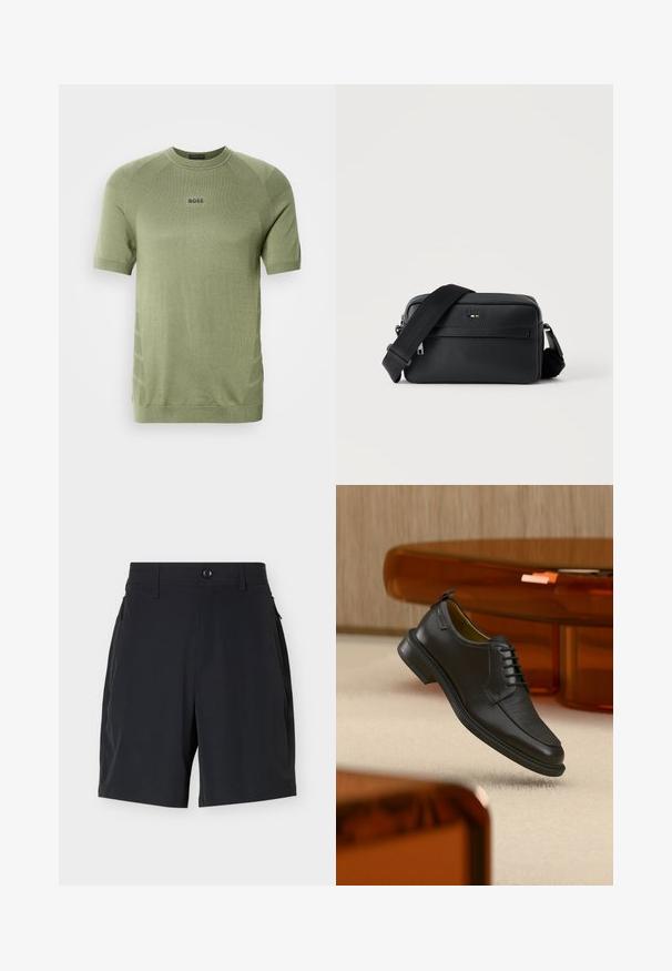 Chemise en maille vert olive à manches courtes avec col ras du cou et logo "BOSS" centré sur la poitrine.; Shorts noirs ajustés avec taille boutonnée, passants pour ceinture et poches latérales zippées sur un fond clair uni.; Chaussure habillée noire en cuir à lacets avec devant texturé, flottant au-dessus d'un tapis beige dans une pièce moderne avec des meubles teintés d'ambre.; Sac bandoulière en cuir noir texturé avec poche avant zippée et bandoulière large en tissu réglable sur fond blanc.