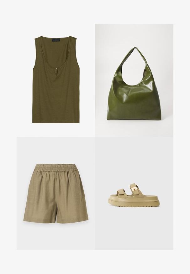 Oliven grøn ærmeløs top lavet af blød bomuld med en rund halsudskæring og nøglehul detalje foran, der har en dekorativ perleaccent.; Beige afslappede shorts med elastisk talje og løs pasform, lavet af letvægtsstof.; Beige slidesandaler med to justerbare stropper og en guldfarvet spænde. Fremstillet af glat syntetisk materiale. Tekstureret gummisål.; Grøn læder hobo taske med en slouchy design, buet håndtag og glat tekstur. Indeholder ingen synlig hardware eller accenter.