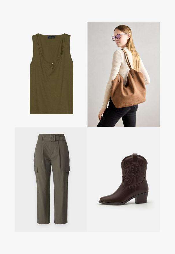 Top sin mangas de color verde oliva, hecho de algodón suave, con escote redondeado y detalle de ojal en la parte delantera, que presenta un adorno decorativo de cuentas.; Pantalones cargo en verde oliva, hechos de tela ligera. Las características incluyen una cintura con cinturón, pliegues frontales y bolsillos laterales con cierres de solapa.; Botas de cowboy de cuero marrón con puntas afiladas, patrones de alas en relieve, un tacón bloque de altura media y una tira en la parte trasera.; Bolso de tote de ante marrón con textura suave, gran abertura y asas largas. Presenta un diseño sencillo con costuras visibles y sin herrajes.