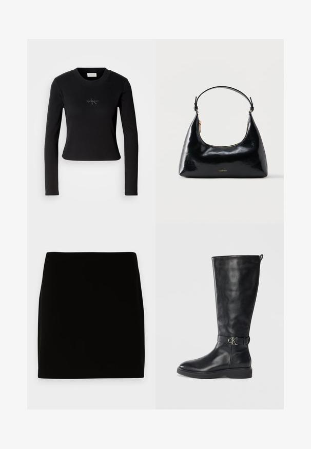Sort langærmet top med en tætsiddende design og et lille Calvin Klein-logo på brystet, præsenteret mod en hvid baggrund.; Sort mini nederdel lavet af glat stof, med et enkelt design uden synlige sømme eller dekorationer. Rene linjer og lige pasform.; Sorte læder knæhøje støvler med lav hæl, rund tå og metallisk "CK" logo spænde om anklen.; Sort blank Calvin Klein håndtaske med gyldent lynlås og kort rem mod en ensfarvet hvid baggrund.