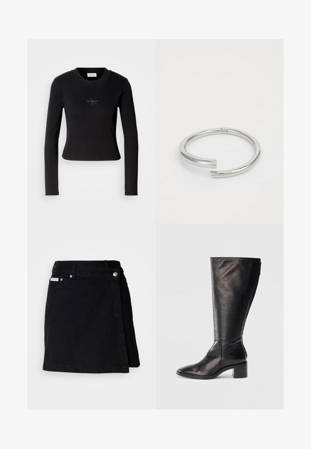 Sort langærmet top med en tætsiddende design og et lille Calvin Klein-logo på brystet, præsenteret mod en hvid baggrund.; Sort denim mini nederdel med et omslag design, der har en front knappelukning, subtile syninger og et lille mærke ved taljen.; Sorte læderknæhøje støvler med firkantet tå, blokhæle og et stilrent design. Glat tekstur med en sideskift for nem påtagning.; Calvin Klein SPIRAL - Armbånd - silver-coloured