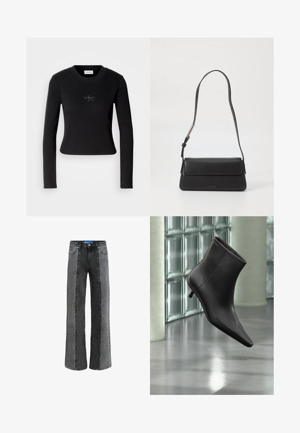Top negro de manga larga con un diseño ajustado y un pequeño logo de Calvin Klein en el pecho, presentado sobre un fondo blanco.; Jeans de pierna ancha en denim negro y gris. Presentan una cintura alta con cierre de botón, cinco bolsillos y paneles verticales en contraste.; Bota de cuero negro para el tobillo con puntera puntiaguda y tacón pequeño, exhibida frente a una pared de bloques de vidrio y un suelo pulido.; Bolso de mano de cuero negro con forma rectangular y solapa plegable. Presenta una correa delgada y una marca mínima en la parte delantera.