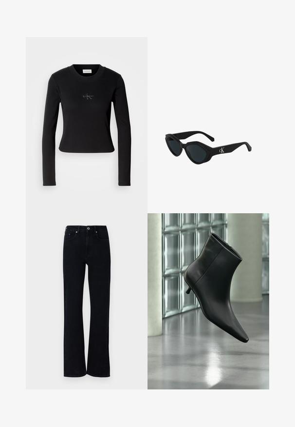 Sort langærmet top med en tætsiddende design og et lille Calvin Klein-logo på brystet, præsenteret mod en hvid baggrund.; Sorte denim jeans med en flagrende ben-design. Har to frontlommer, en lille blå detalje og en standard knaplukning.; Sort læderankelstøvle med spids tå og lav kitten-hæ, vist vinklet mod en poleret gulv- og glasblokvæg.; Sorte katteøje solbriller med en glat finish, mørke linser og et "cK"-logo på stangen. Vinklet design og tykke stel.