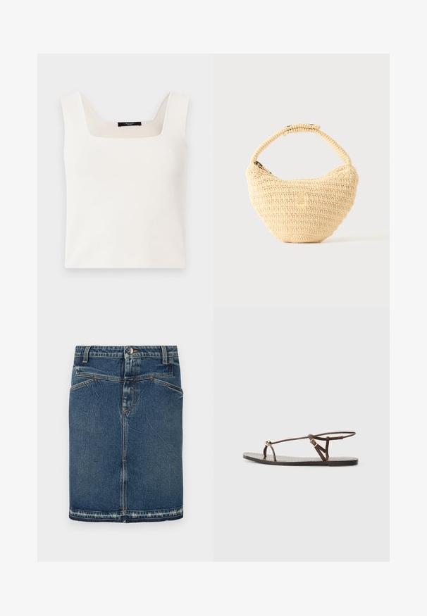 Haut sans manches blanc avec un décolleté carré, fabriqué à partir d'un tissu lisse et doux. Présente une coupe décontractée et un design minimaliste.; Jupe en denim avec un délavage bleu classique, un design à cinq poches et un ourlet effiloché. Se ferme avec un bouton à l'avant et une fermeture éclair.; Sandale en cuir marron avec des fines lanières, un accent circulaire doré et une semelle plate. Design minimaliste avec un détail de boucle réglable.; Sac à main beige tissé avec corps arrondi, fermeture éclair et une sangle courte et épaisse dans un style crochet simple et texturé.