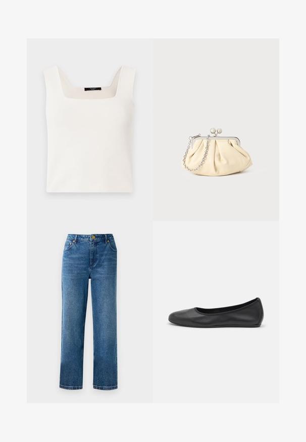 Ärmelloses weißes Top mit quadratischem Ausschnitt, aus einem glatten, weichen Stoff gefertigt. Es hat eine lockere Passform und ein minimalistisches Design.; Blaue hochgeschnittene Jeans mit geradem Bein, aus Denim, mit fünf Taschen und goldfarbenen Hardware-Details.; Schwarze Leder-Ballettschuhe mit abgerundeter Spitze, glatter Textur, minimalen Nähdetails und einem flexiblen Sohlen-Design.; Faltige beigefarbene Ledertasche mit einem silbernen Metallrahmen, ausgestattet mit zwei runden dekorativen Verschlüssen und einem silbernen Kettenriemen.