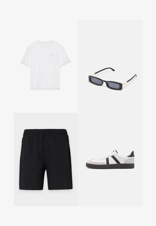 T-shirt en coton blanc à manches courtes, col rond et poche poitrine. Présente des coutures contrastantes le long des bords.; Shorts de bain noirs en tissu texturé, dotés d'une taille élastique et de poches latérales, avec une coupe ample.; Baskets blanches avec des accents noirs et gris, présentant un embout texturé gris, une semelle en caoutchouc noir et des lacets plats blancs. Design épuré, style minimaliste.; Lunettes de soleil noires rectangulaires avec des verres foncés. Les branches fines et plates présentent un accent doré. Monture en plastique lisse avec une finition mate.