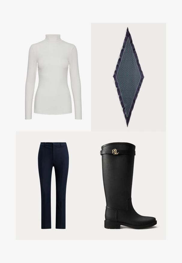 Hvid langærmet turtleneck top lavet af glat stof, der har en tætsiddende silhuet og minimale sømme for et strømlinet udseende.; Mørk marineblå skræddersyede bukser med lige ben, bæltestropper og frontlynlås på hvid baggrund.; Sort knæhøj gummistøvle med lav hæl og en guldfarvet RLL-logo spænde nær toppen på en ensartet lys baggrund.; Marineblåt silketørklæde formet som en diamant med en bølget kant, der har et geometrisk grønt og hvidt mønster. Glat tekstur og elegant design.