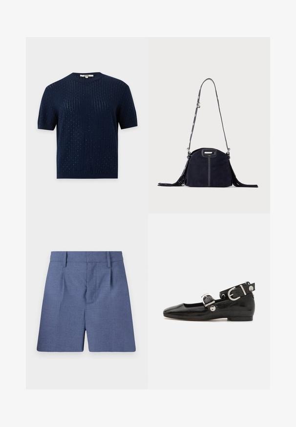 Marineblå kortærmet strikket top med subtil vertikal ribning og små prikdetaljer i hele stoffet.; Blå skræddersyede shorts med bæltesløjfer, forstykker og en skjult lukning foran, vist mod en hvid baggrund.; Sorte patenteret lædersko med firkantet tå, ankelrem med sølvhardware og flad sål. Glat tekstur med minimalistisk design.; Mørkeblå ruskindstaske med hvide syninger, et udskåret håndtag, mønstret skulderrem og lange frynser på begge sider.