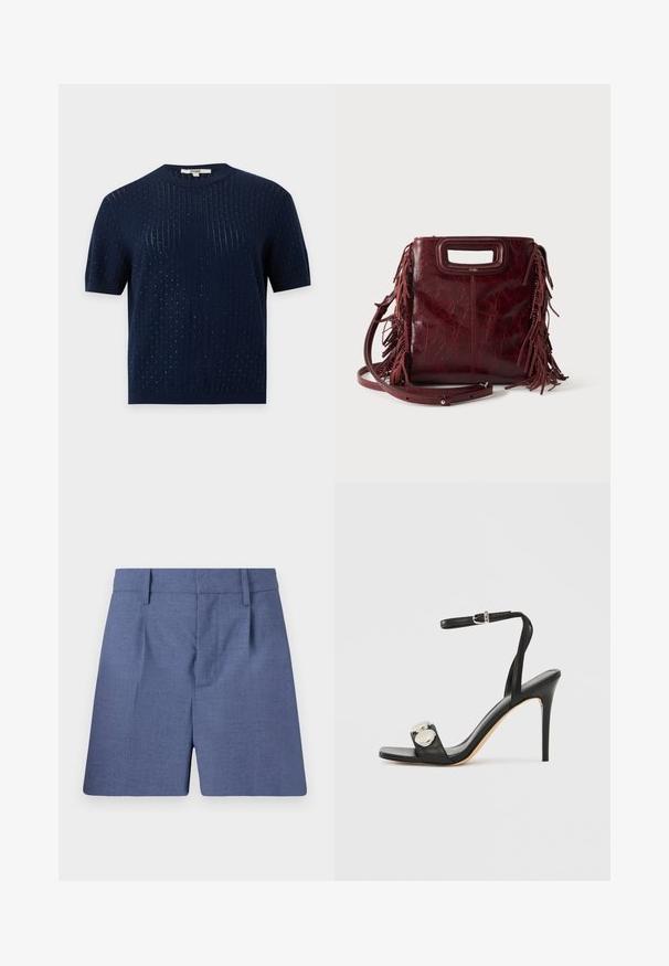 Haut tricoté bleu marine à manches courtes avec un subtil côtelé vertical et de petits détails de texture en points sur toute la surface.; Shorts bleu sur mesure avec passants de ceinture, plis à l'avant et fermeture frontale cachée, présentés sur fond blanc.; Sandale à talons hauts noire avec une bride à la cheville, présentant une tige en cuir lisse, un bout carré et deux accents métalliques ronds.; Sac à main carré en cuir bordeaux avec poignée découpée, détails de franges latérales et bandoulière réglable sur fond uni.