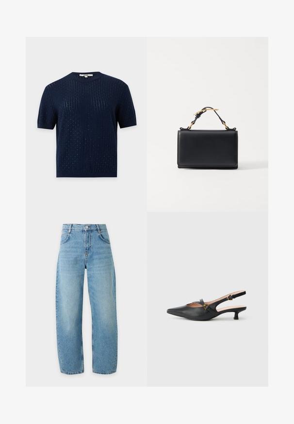 Haut tricoté bleu marine à manches courtes avec un subtil côtelé vertical et de petits détails de texture en points sur toute la surface.; Jean bleu clair taille haute à jambes droites avec fermeture bouton et fermeture éclair, poches avant et passants de ceinture sur un fond uni.; Escarpin noir en cuir à bride arrière avec bout pointu, petit talon, design découpé et détail de boucle dorée sur la bride.; Sac à main en cuir noir de forme rectangulaire, doté d'une anse supérieure et d'accents en métal doré. Texture lisse, design minimaliste.
