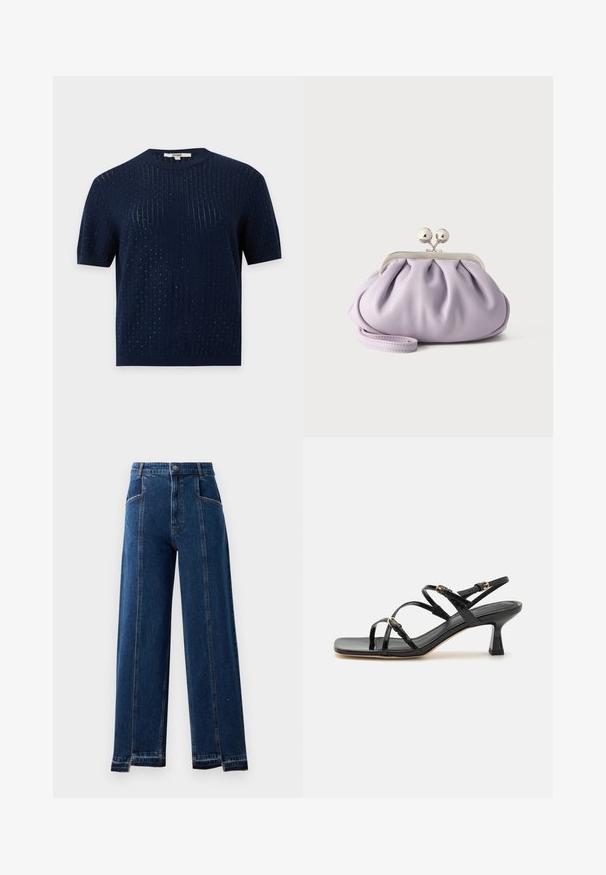 Marineblaues kurzärmeliges Strickoberteil mit feiner vertikaler Rippung und kleinen gepunkteten Texturdetails durchgehend.; Hochtaillierte, weite Jeans in dunkelblauem Denim mit Vordertaschen, kontrastierenden Nähten und ausgefransten Saumdetails.; Schwarze lackierte Riemchensandalen mit quadratischer Zehenpartie und niedrigem Blockabsatz. Ausgestattet mit vergoldeten Beschlägen und verstellbaren Knöchelriemen.; Weiche Lavendel-Clutch mit gerafftem Stoff, silbernem Kiss-Lock-Verschluss und passendem Handgelenksriemen auf hellem einfarbigem Hintergrund.