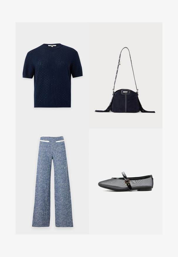 Haut tricoté bleu marine à manches courtes avec un subtil côtelé vertical et de petits détails de texture en points sur toute la surface.; Pantalon large en tweed bleu avec détail de bordure blanche sur la taille et les poches, tissu texturé, et taille haute.; Chaussure plate Mary Jane en mesh noir avec bride brillante et boucle dorée en forme de cœur, petit talon et bout arrondi sur fond uni.; Sac à main en daim bleu foncé avec des coutures blanches, une poignée découpée, une bandoulière à motif et de longues franges des deux côtés.