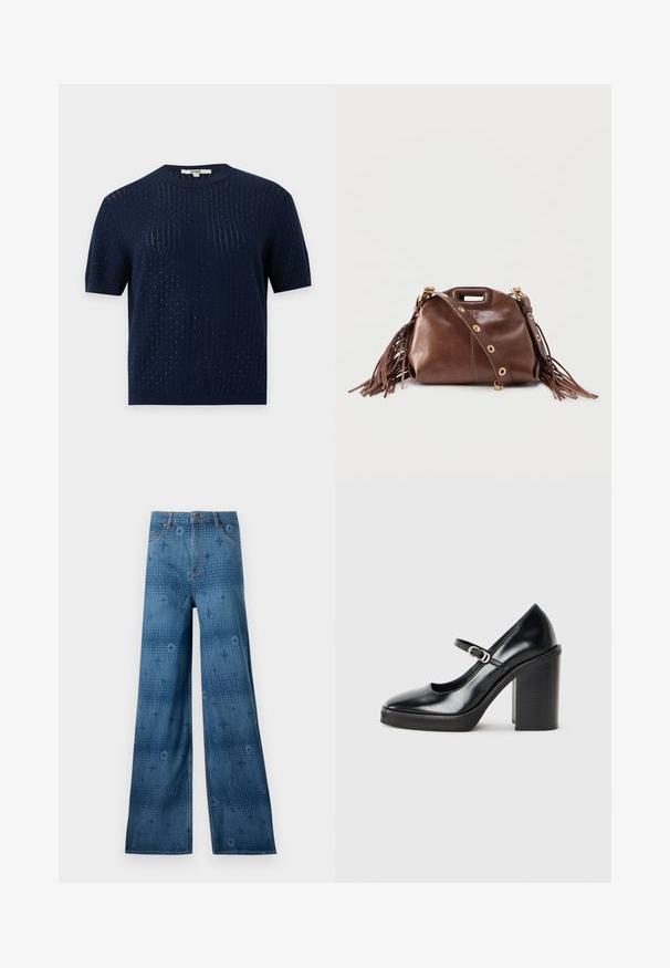 Marineblå kortærmet strikket top med subtil vertikal ribning og små prikdetaljer i hele stoffet.; Bredde ben denimjeans i mørkeblå, med et diskret heltryk og klassisk fem-lomme-design. Syningen står i kontrast til stoffet.; Sorte patentlæder høje hæle med rund tå, ankelrem, detalje med sølvspænde og en kraftig blokhæl.; Brun læderhåndtaske med frynser, gyldne øjer på aftagelig skulderrem og udskåret håndtag på ensfarvet baggrund.