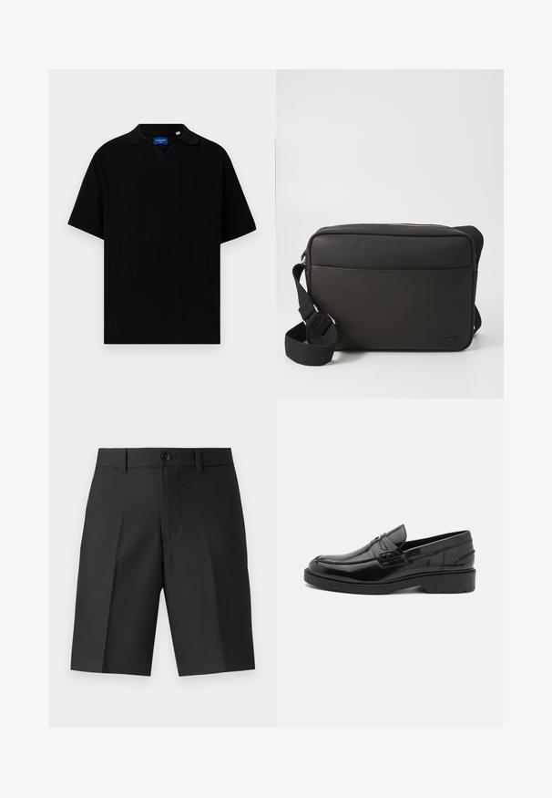 Polo negro de manga corta con escote en V, con textura acanalada y sutiles rayas verticales. Etiqueta dentro de la zona del cuello.; Bermudas negras a medida de tela ligera, con corte recto, pliegues simples y cierre frontal de botón.; Mocasines de cuero negro con un acabado suave, punta redondeada, tacón bajo y costura decorativa en la parte delantera. Suela de goma para mayor agarre.; Bandolera negra hecha de tejido texturizado, con cierre de cremallera, correa ajustable y logotipo en relieve en el panel frontal.