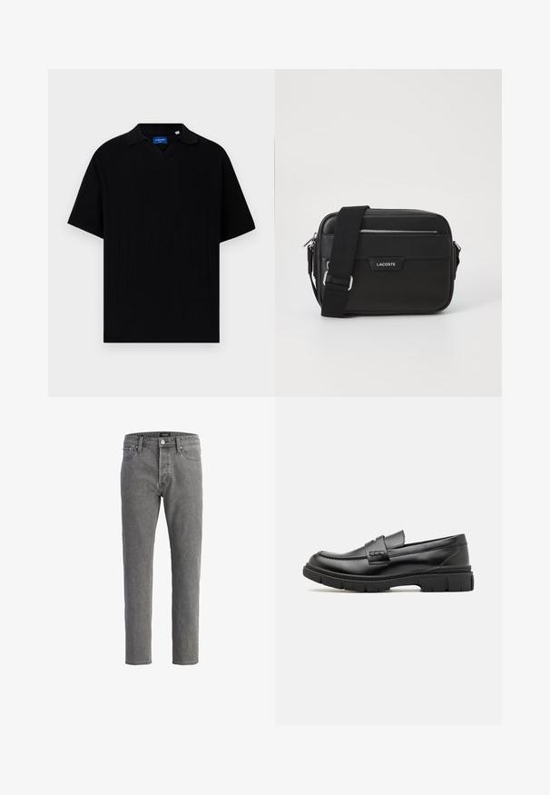 Schwarzes kurzärmliges Poloshirt mit V-Ausschnitt, das eine gerippte Textur und subtile vertikale Streifen aufweist. Etikett im Nackenbereich.; Graue Jeans aus Denim mit geradem Schnitt, fünf Taschen und Metallknopfverschluss. Der Stoff hat eine weiche, strukturierte Oberfläche.; Schwarze Lederloafer mit einem breiten Riemen über dem Rist, Gummisohle mit dicken Profilen und glatter Textur. Klassisches, schlankes Design.; Schwarze Umhängetasche aus strukturiertem synthetischem Material, mit silbernem Beschlag, verstellbarem Gurt, ausgestattet mit einem Logo-Schild auf der Vorderseite und einem Reißverschluss.