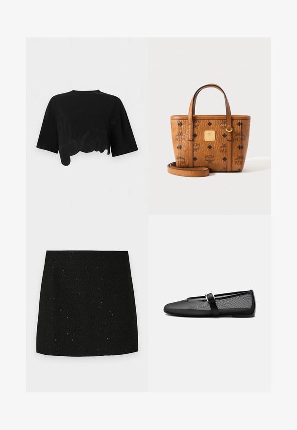 Sort cropped T-shirt med korte ærmer og subtil hævet skriftmæssigt design på forsiden og rund halsudskæring.; Sort struktureret mini nederdel med subtile glitrende prikker, lige snit, og uden synlige dekorationer eller mønstre.; Sort mesh balletflat med rundt tåparti og justerbar Mary Jane-rem med sølvspænde, på en ensartet lys grå baggrund.; Brun læder MCM håndtaske med sort logomønster, to håndtag, en aftagelig rem og en lille guldfarvet metal mærke på forsiden.